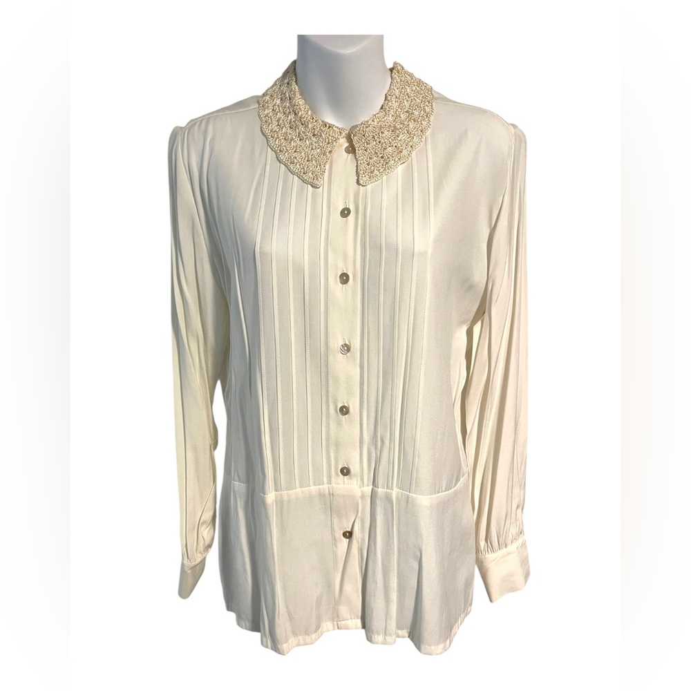 Vintage Romantic Ivory Button Up Pleated Blouse w Lace Collar Size 8 Coquette